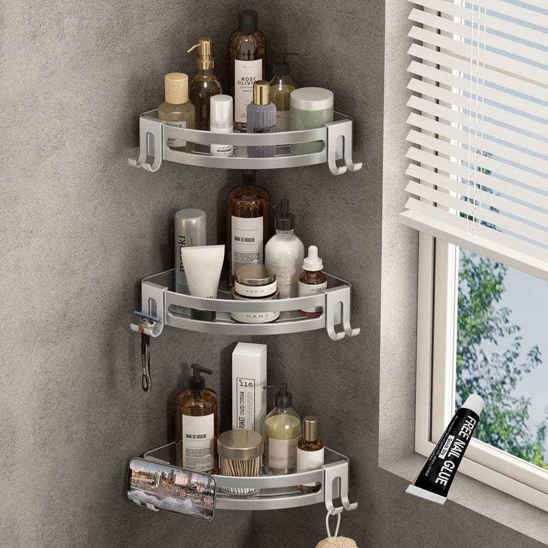 VOLPONE Corner Shower Shelves with Hooks Shower Storage Rack Rustproof Tub Organizer Drill Free (adhesive mounting, no suction cup) Shampoo Holder Wall Mount Corner Shower Caddy (3-Pack, Silver) - Image 1